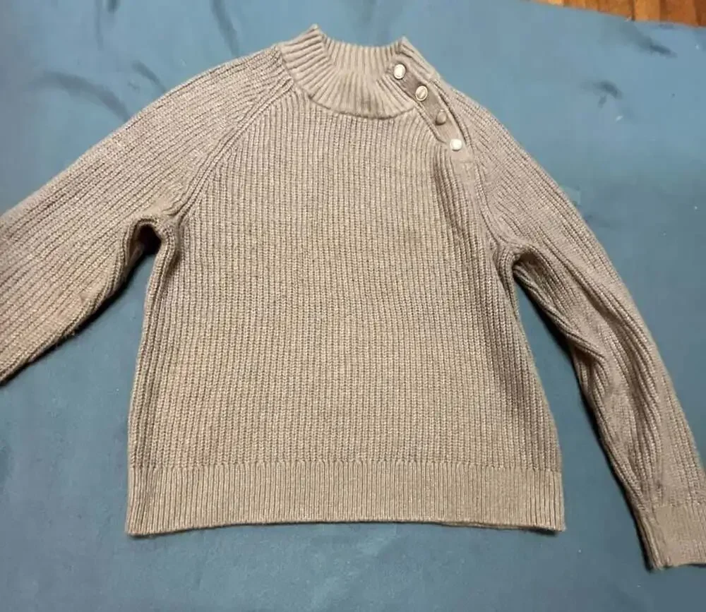 J.Crew Rib-Knit Mockneck Sweater Size M Tan Cotton Blend Button Shoulder